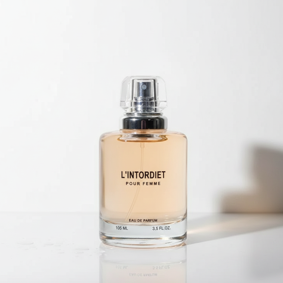 Perfume bottle labeled 'L'Intordiet' on a light background