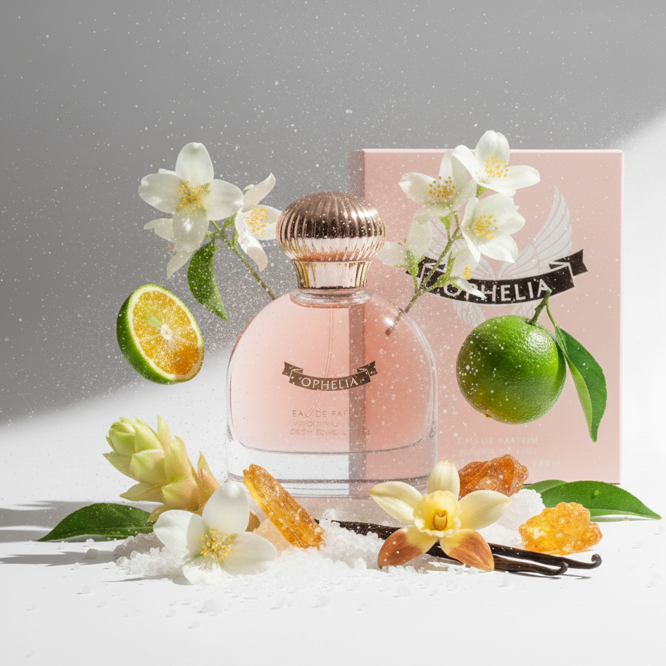 Perfume bottle labeled 'Ophelia' with flowers and fruits on a light background