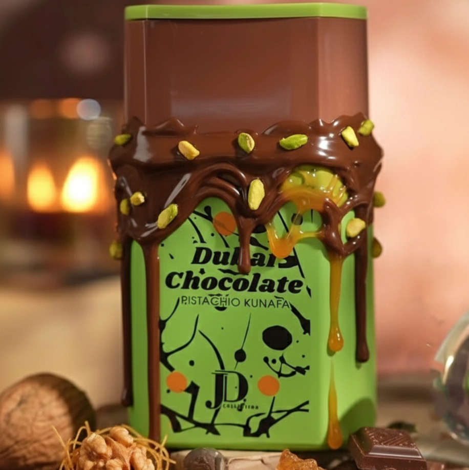 Chocolate container with green lid and visible branding on a decorative background