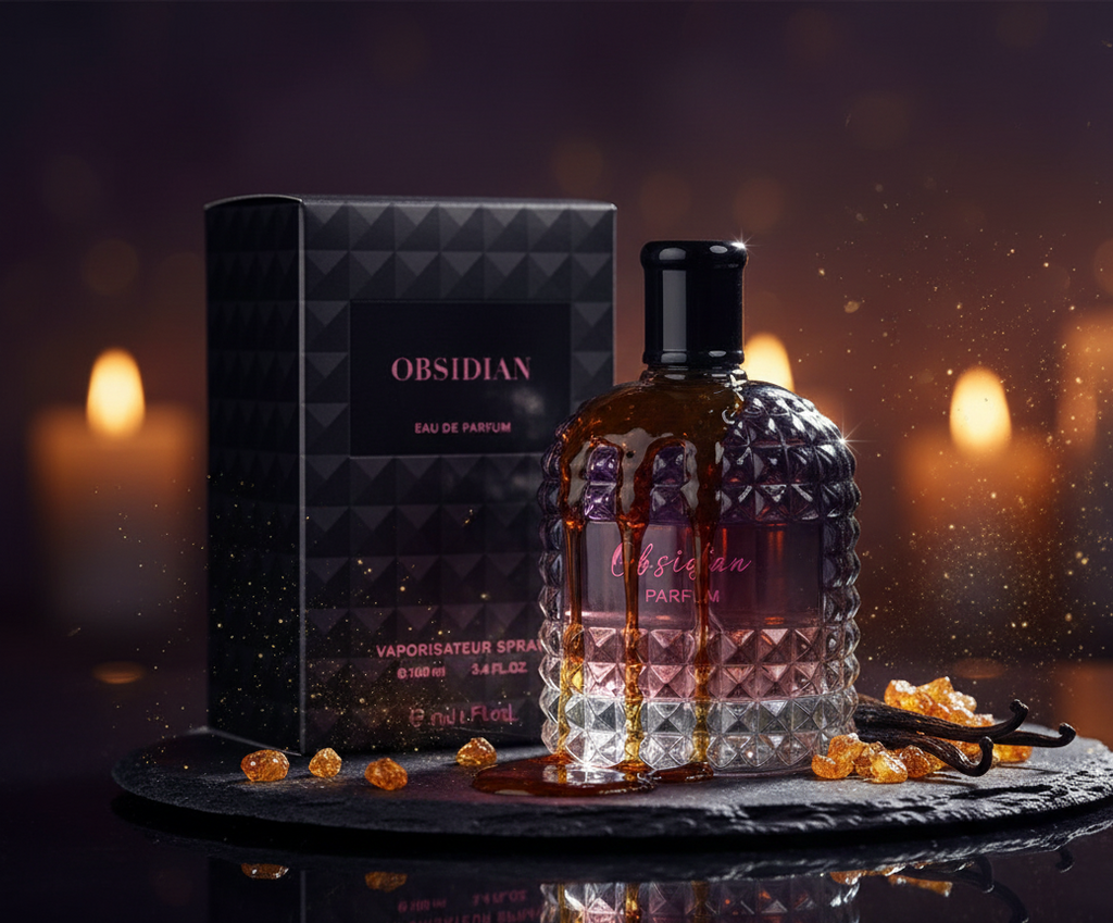 Obsidian perfume bottle and packaging on a dark background with candles