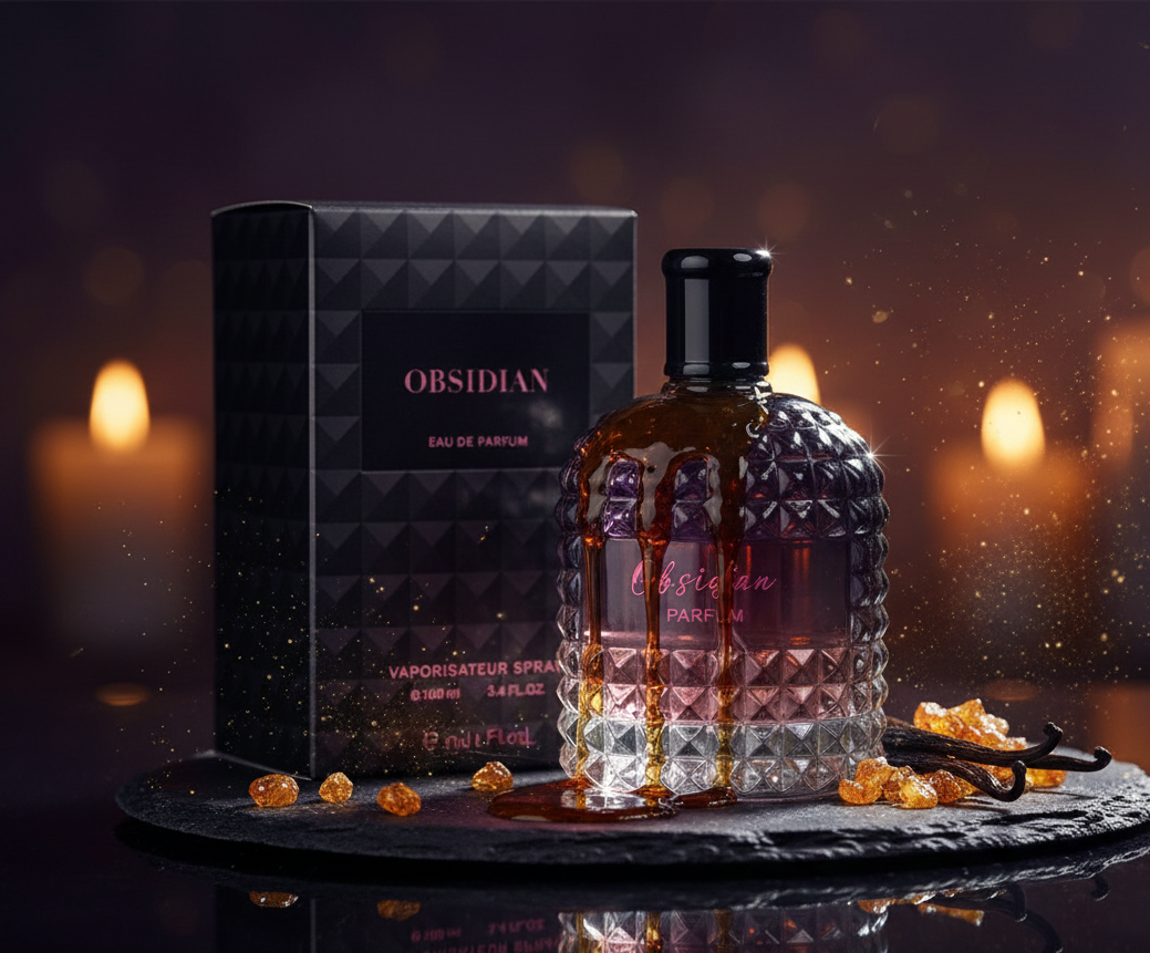 Obsidian perfume bottle and packaging on a dark background with candles