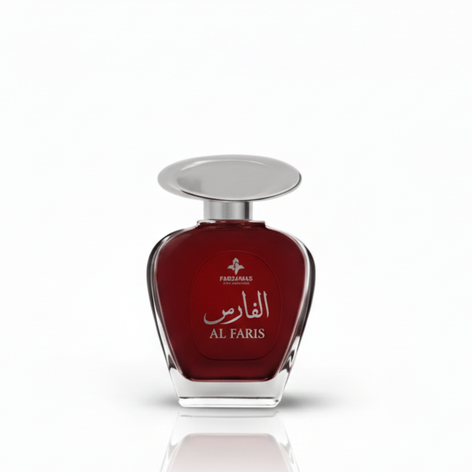 Red perfume bottle with silver cap on a white background