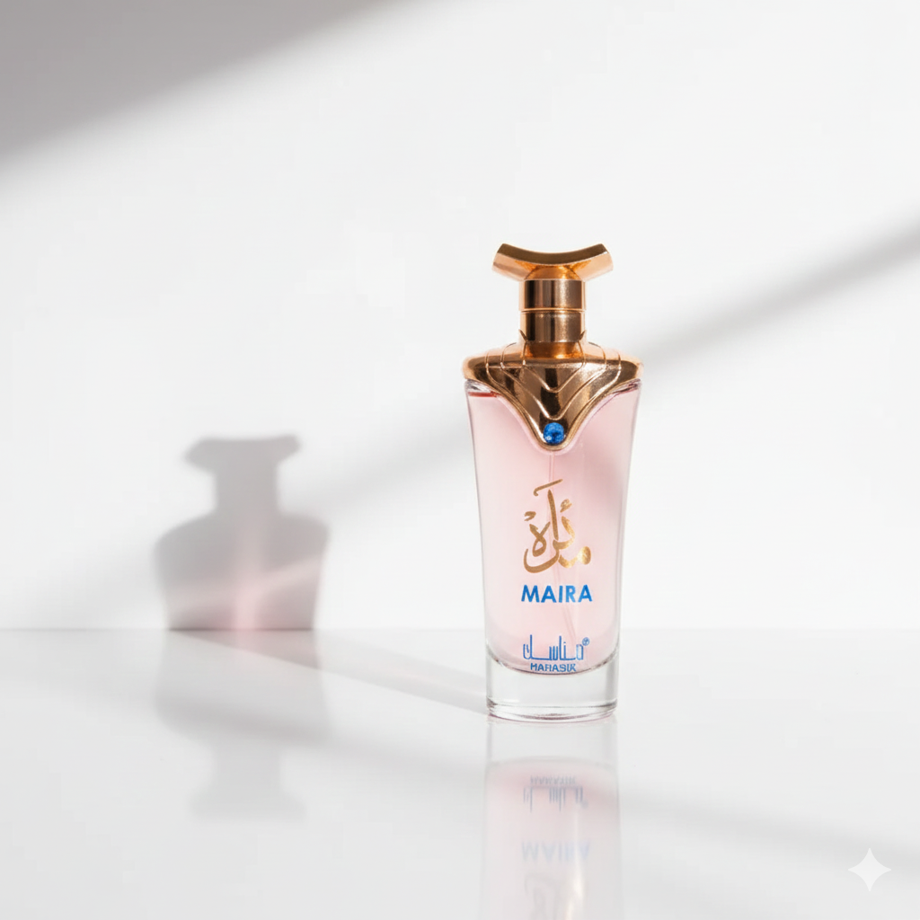 Perfume bottle with gold cap and 'MAIRA' branding on a white background
