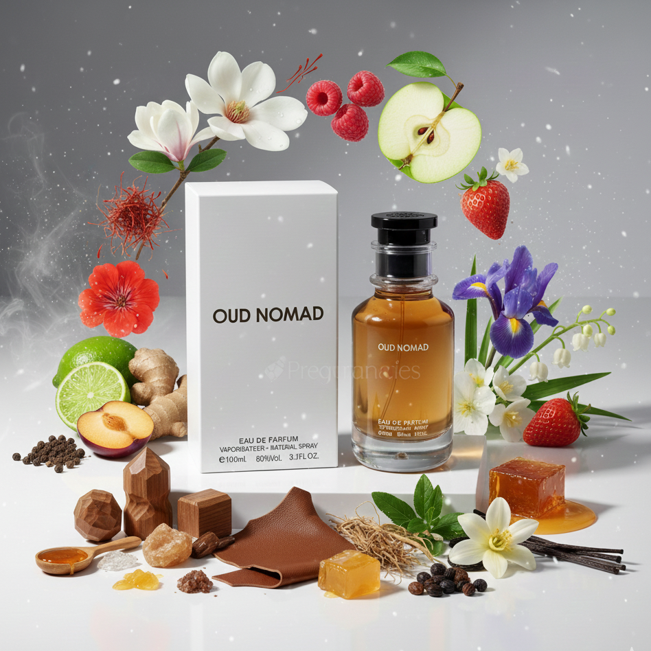 Oud Nomad perfume bottle with packaging and natural elements on a gray background