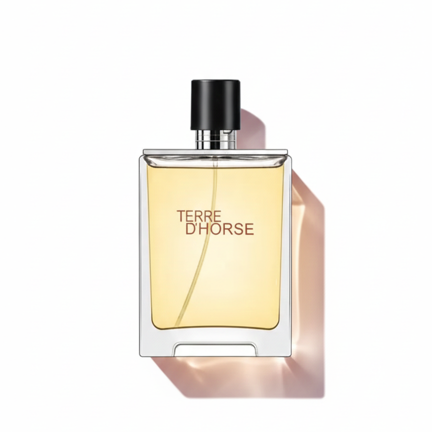 Perfume bottle labeled 'Terre d'Horse' on a white background