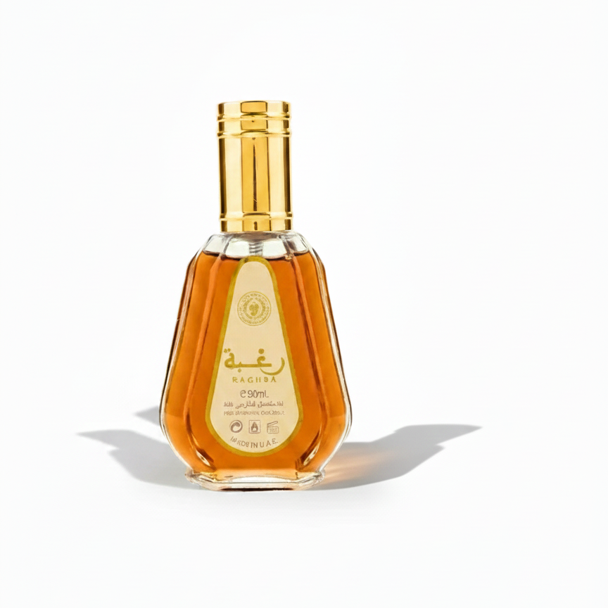 Perfume bottle with gold cap on a white background