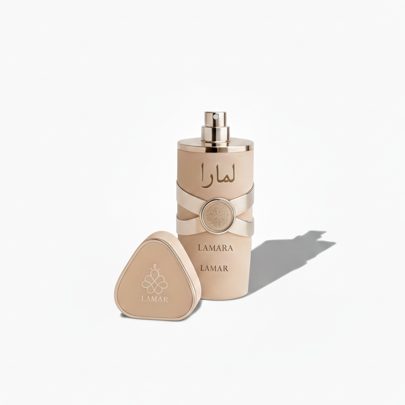 Two beige perfume bottles with 'LAMARA' branding on a white background