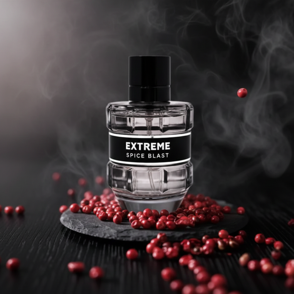Perfume bottle labeled 'Extreme Spice Blast' surrounded by red peppers on a dark background