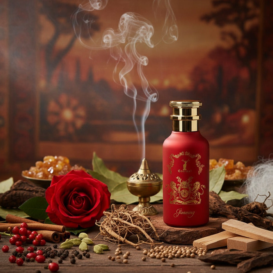 Red perfume bottle with gold cap on a wooden table with decorative items and smoke.