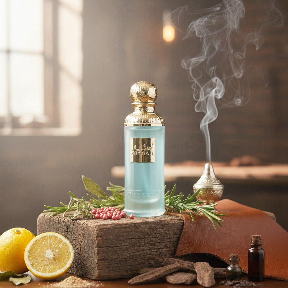 Perfume bottle on a wooden block with lemons and smoke in a warm setting